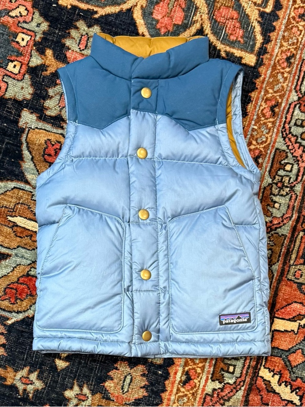 Patagonia Kids Light Blue & Navy Puffer Vest with Gold Buttons